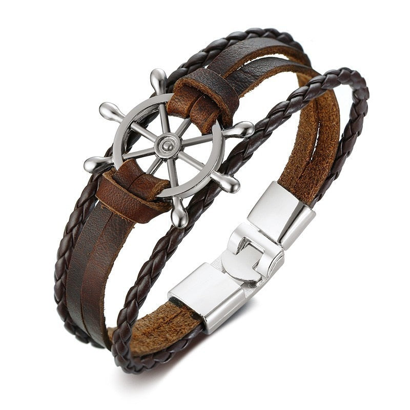 Vintage Rudder Charm Bracelet for Men Multi-layer Leather Rope Bracelets