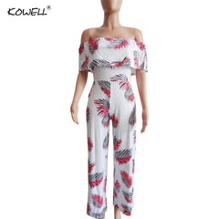 Off Shoulder Floral Print Spandex Boho Style Party Beach Jumpsuit