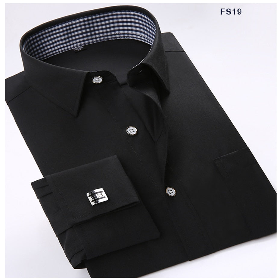 Men Cufflinks Shirts Long Sleeve Shirts Slim