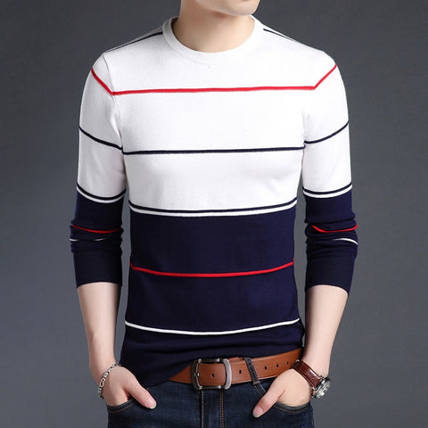 Fashion Brand Sweater Mens Pullover Striped Slim Fit
