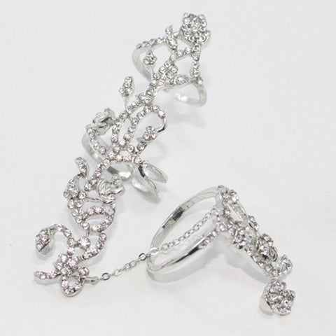 Fashion Chain Link Ring Full Rhinestone Vintage Flower Double Finger Rings