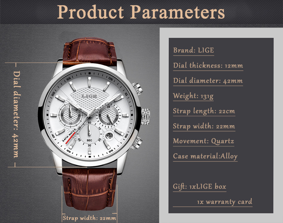 Mens Watches LIGE Top Brand Leather Chronograph Waterproof Sport