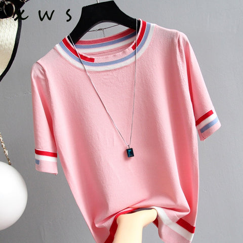 Casual Tees Women Knitting Tops patchwork short sleeve Ladies Shirts