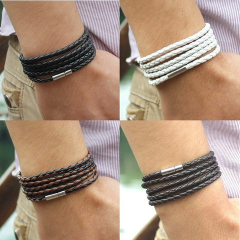 Fashion 5 Layer Leather Bracelets  Charm Bangle Handmade Round Rope