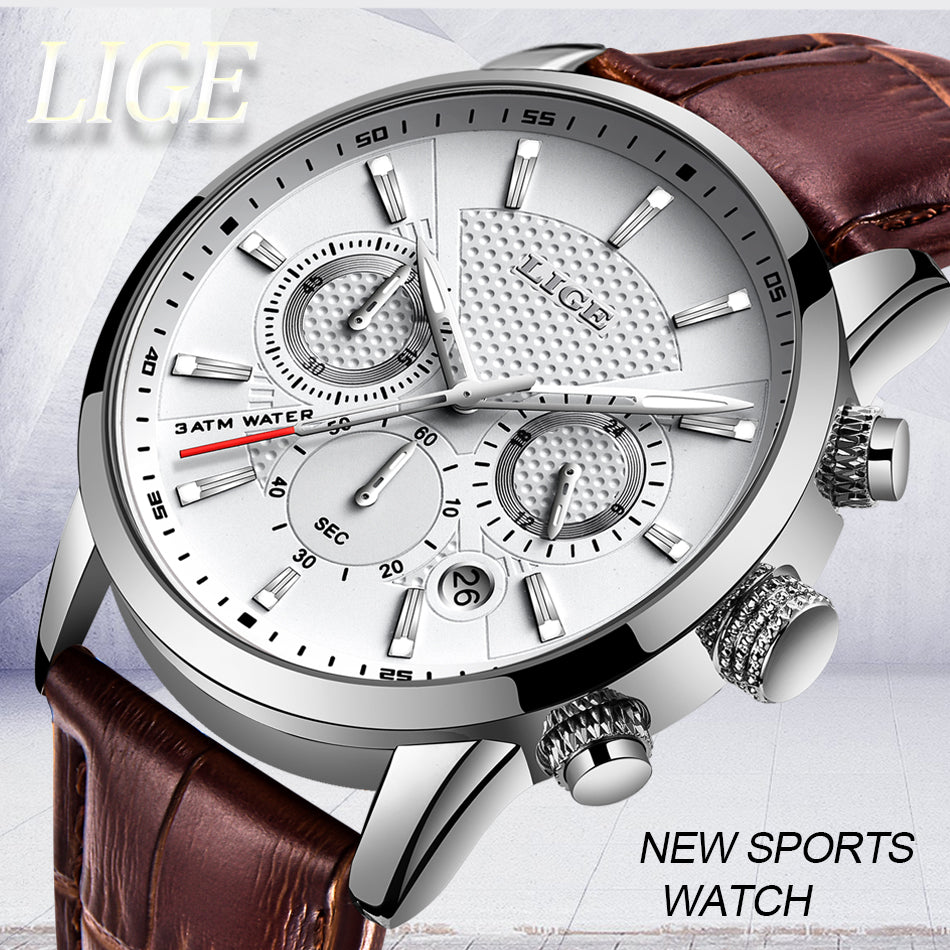 Mens Watches LIGE Top Brand Leather Chronograph Waterproof Sport