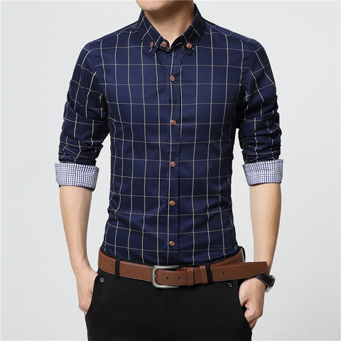 Plaid Dress Shirts Male High Quality Long Sleeve Slim Fit Business Casual
