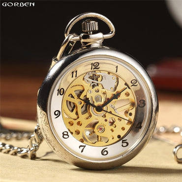 Luury Silver Skeleton Mechacnical Hand-winding Mens Pocket Watch