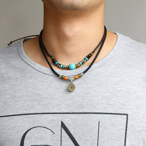 Men 2 layers Leather Rope Necklace Vintage Fashion Retro Creative