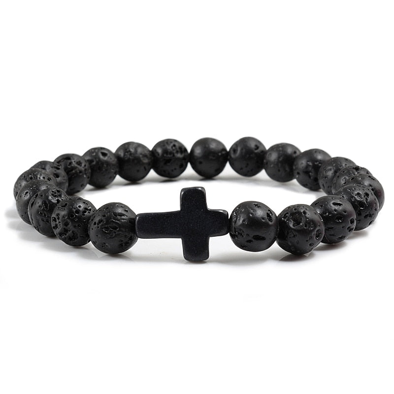 Charm Natural Stone Bracelet Cross Black Lava Matte Beaded Bracelets