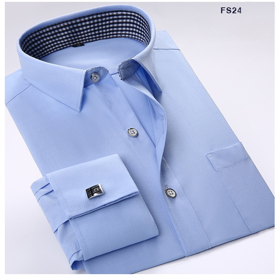 Men Cufflinks Shirts Long Sleeve Shirts Slim