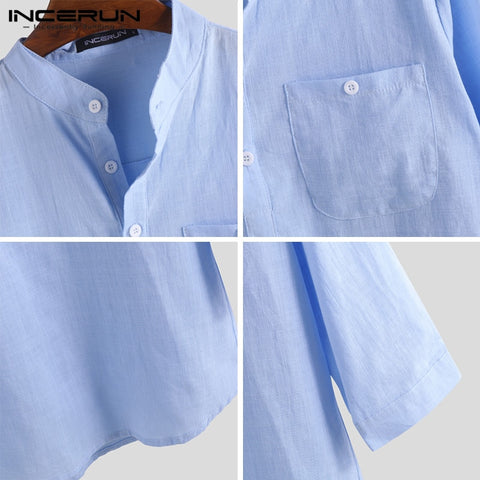 Men Shirt Cotton 3/4 Sleeve Stand Collar Harajuku Tops Solid Color