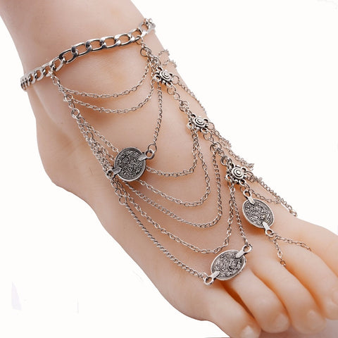 Fashion Silver Color Tassel Anklet Coin Pendant Chain Ankle Bracelet