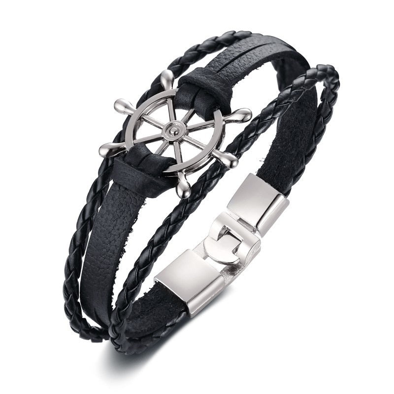 Vintage Rudder Charm Bracelet for Men Multi-layer Leather Rope Bracelets