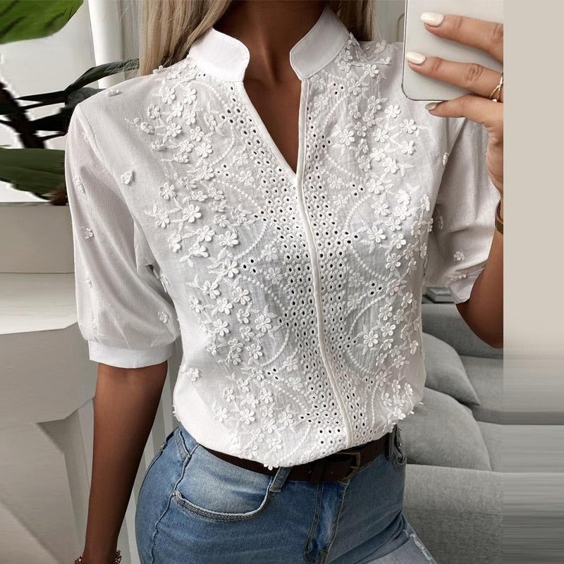 Chic Solid Hollow-out V Neck Lace Blouse Floral Patterns Embroidery