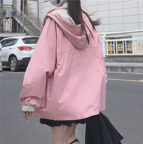women casual punk streetwear jacket loose pockets long-sleeved hooded