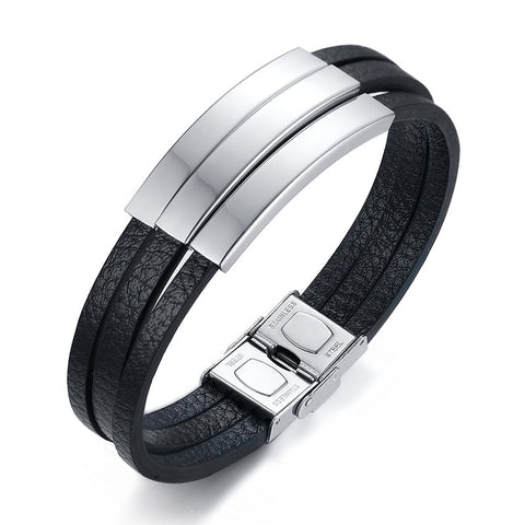 Multi Layer Leather Bracelets for Men Customizable Engraving Stainless Steel Casual