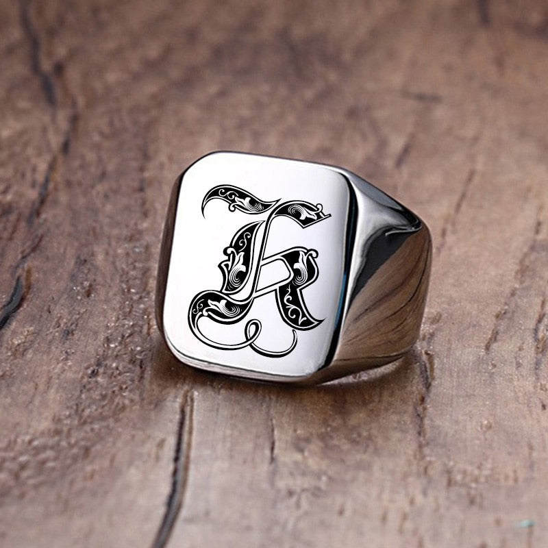 Retro Initials Signet Ring for Men 18mm Bulky Heavy Stamp Male Band Stainless Steel Letters Custom