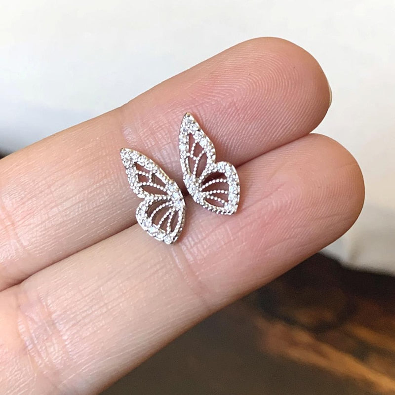 Dainty Cubic Zirconia Crystal Gold Plated Butterfly Wing Stud Earrings