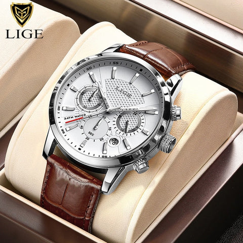 Mens Watches LIGE Top Brand Luxury Leather Casual Quartz Watch