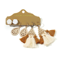 Big Round Beige White Tassel Earrings Set Ethnic Vintage Bohemian