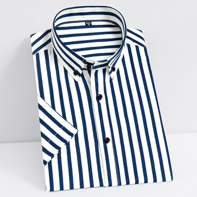 Short Sleeve Strech Striped Shirts Men Soft Regular Fit no Front Pocket