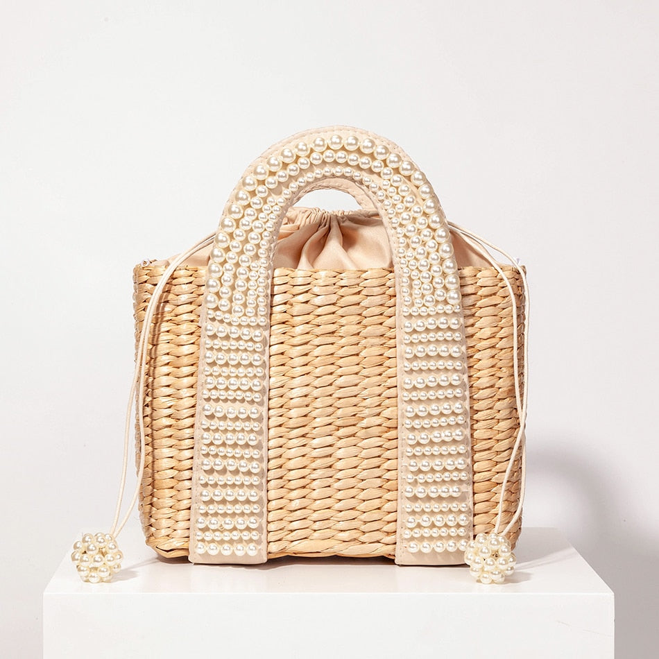 Pearls Beach Bag Women Elegant Woven Beaded Straw Bag