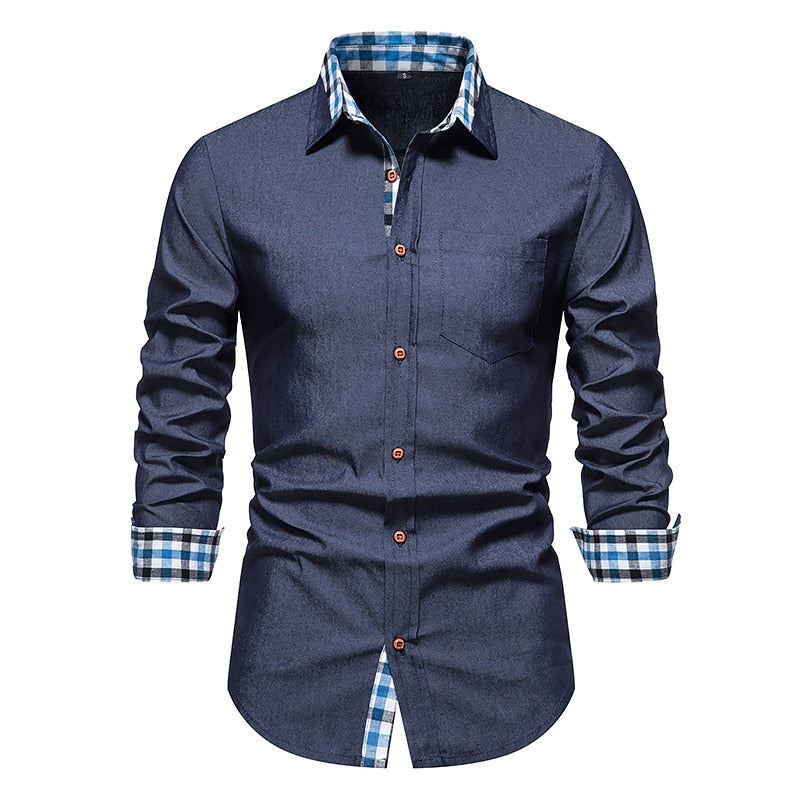 Plaid Patchwork Formal Shirts for Men Slim Long Sleeve White Button Up Shirt Dress