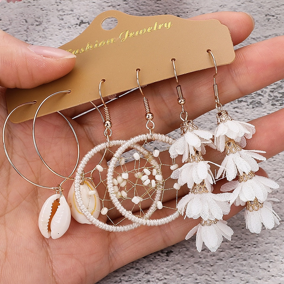 Big Round Beige White Tassel Earrings Set Ethnic Vintage Bohemian