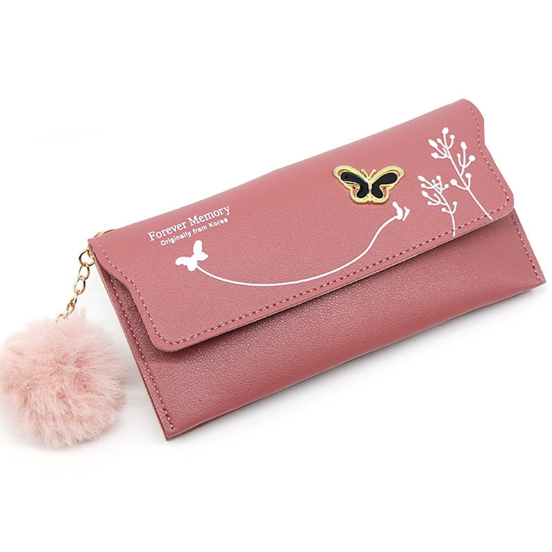 Long Wallets Pure Color Wool Ball Bow Clutch Bag