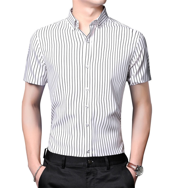 Short Sleeve Strech Striped Shirts Men Soft Regular Fit no Front Pocket