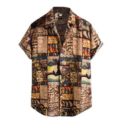 Men Shirt Ethnic Printed Shirts Summer Retro Vintage Streetwear Short Sleeves