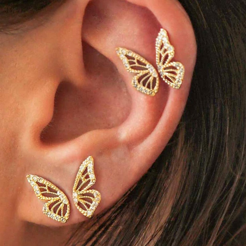 Dainty Cubic Zirconia Crystal Gold Plated Butterfly Wing Stud Earrings