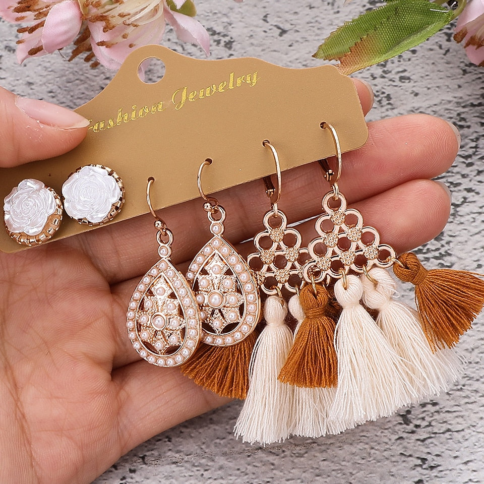 Big Round Beige White Tassel Earrings Set Ethnic Vintage Bohemian