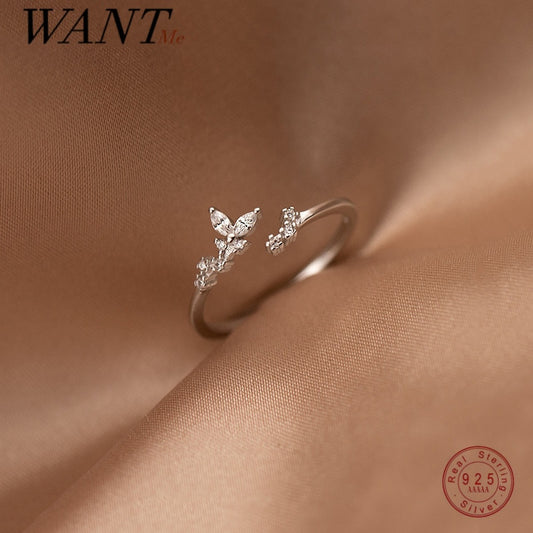 Crystal Zircon Branch Bud Sweet Chic Leaf Opening Ring