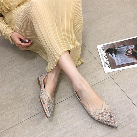 Pointed Toe Women Flats Bling Air Mesh Shoes Comfortable Soft Breathable