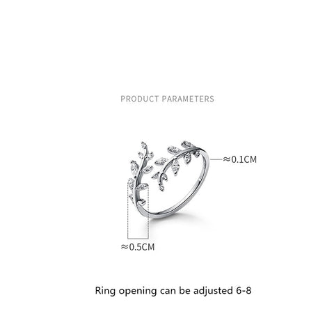 Silver Sweet Romantic Zircon Open Branch Small Leaf Adjustable Ring