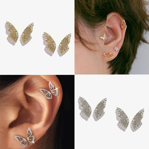 Dainty Cubic Zirconia Crystal Gold Plated Butterfly Wing Stud Earrings