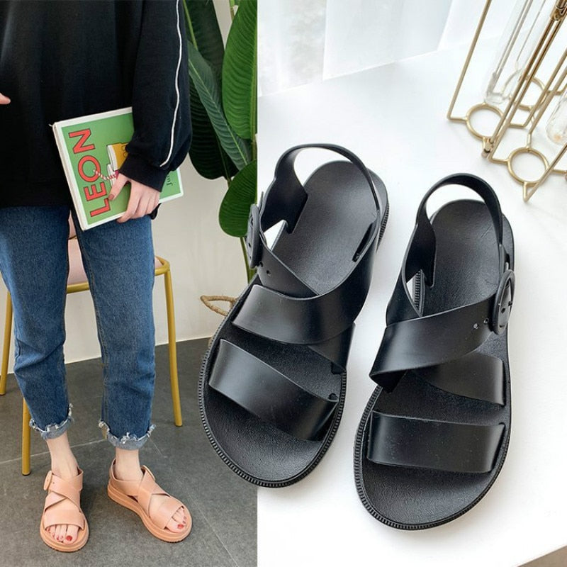 Flat Sandals Women Shoes Gladiator Open Toe Buckle Soft Jelly Sandals