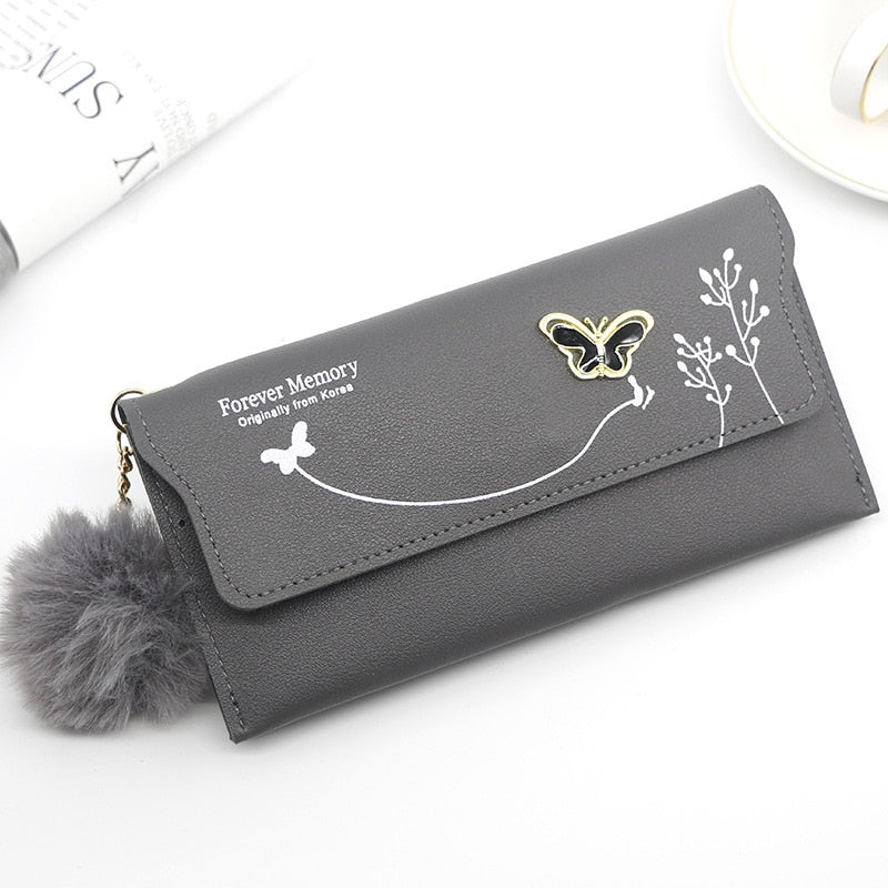 Long Wallets Pure Color Wool Ball Bow Clutch Bag