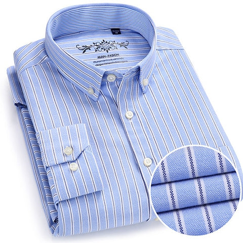 Long Sleeve Oxford Plaid Striped Casual Shirt Front Patch Chest Pocket Regular-fit