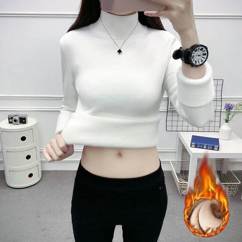 Turtleneck Slim Thicken Knitted Pullovers Plus Velvet Sweater Casual