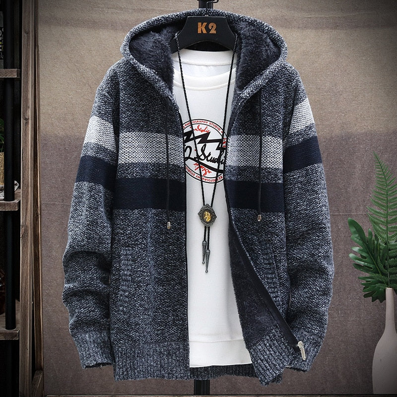 Winter Fleece Warm Sweater Men Hooded Cardigan Striped Slim Sweaters