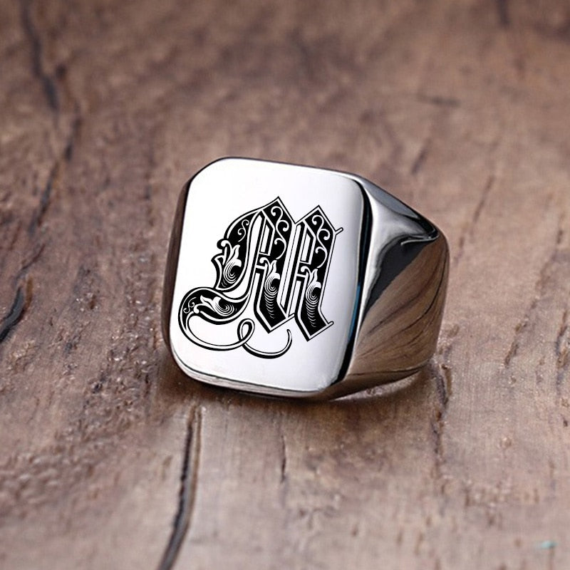 Retro Initials Signet Ring for Men 18mm Bulky Heavy Stamp Male Band Stainless Steel Letters Custom