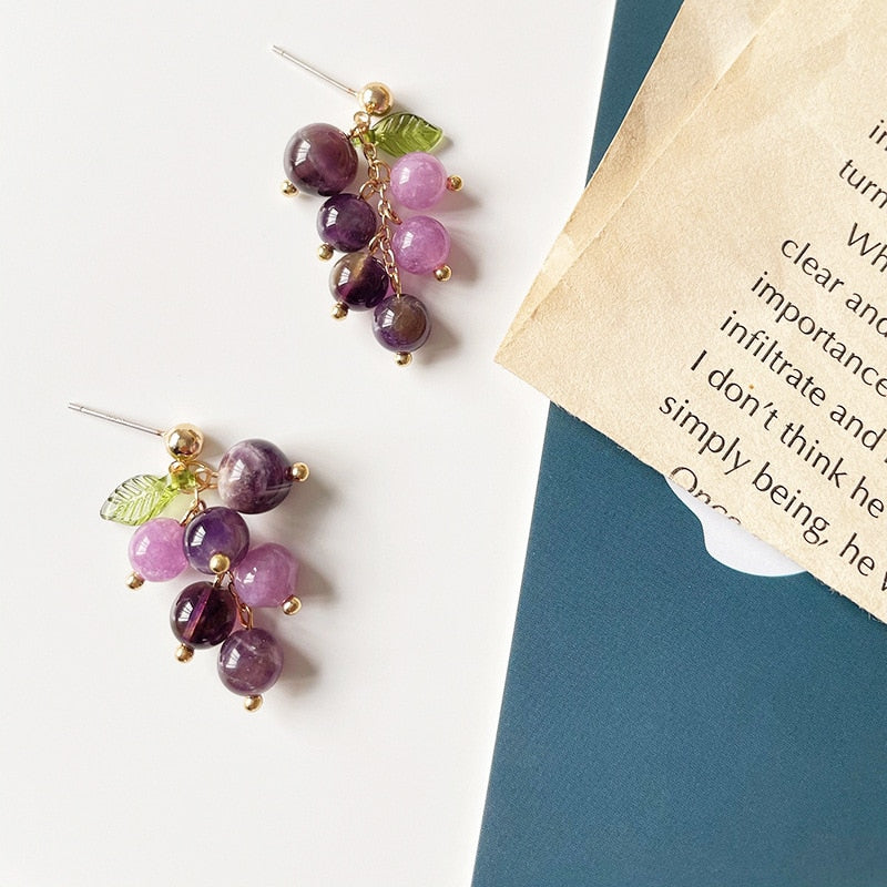 Vintage Purple Crystal Grape Leaf Earrings Sweet Reflective Smooth Irregular