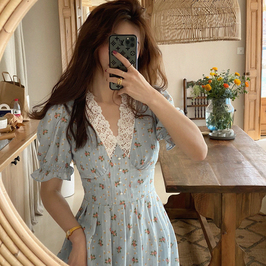 Vintage Floral Dress Women Elegant Lace Chiffon