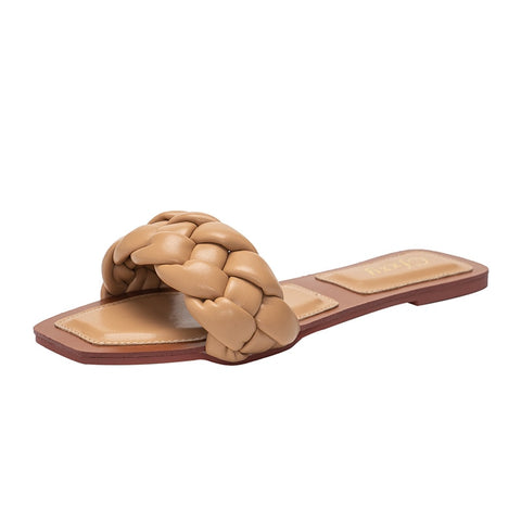 Slippers Women Slip On Slides Fashion Brand Square Toe Leather Flat Sandals