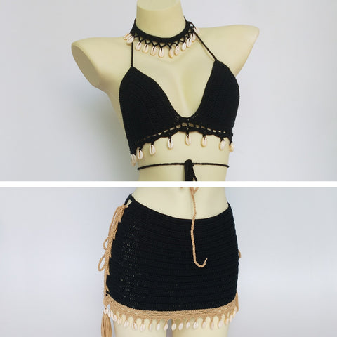 3pcs Bikini Set Woman Crochet Shell Tassel Bikini Top And Seashell Ankle Chain