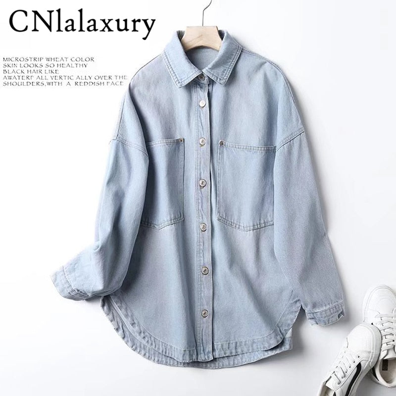 Denim Shirt Coat Women Long Sleeve Pocket Cardigan Streetwear