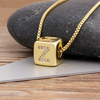 A-Z Initials Micro Pave Copper CZ Cube Letter Pendant Necklaces