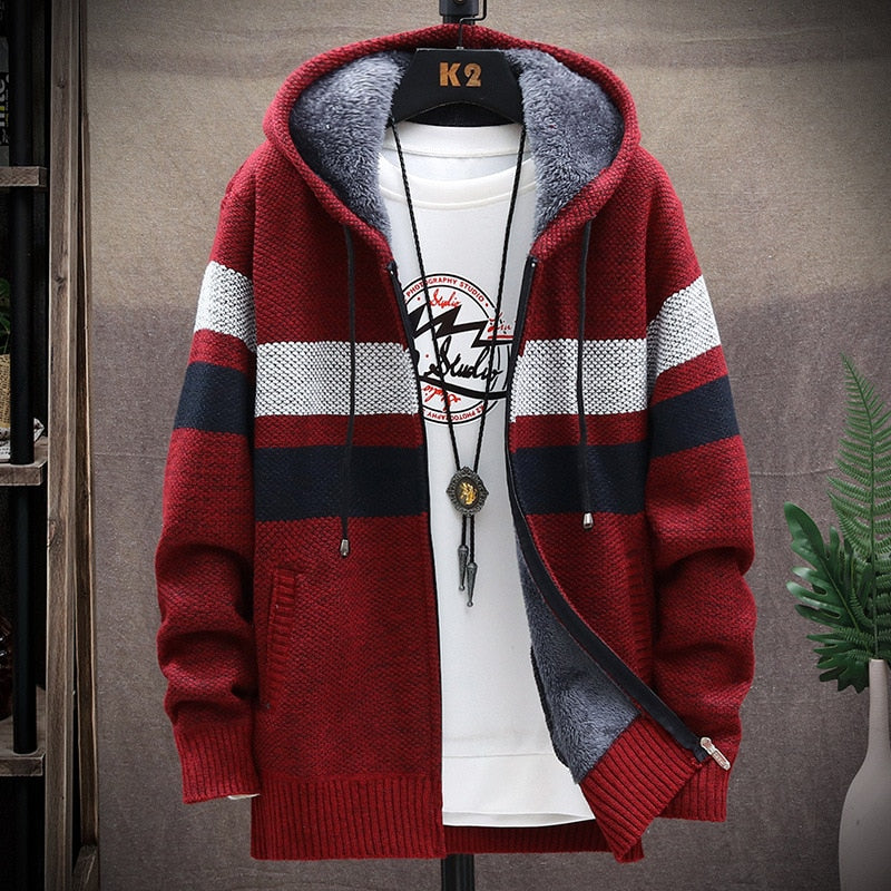 Winter Fleece Warm Sweater Men Hooded Cardigan Striped Slim Sweaters